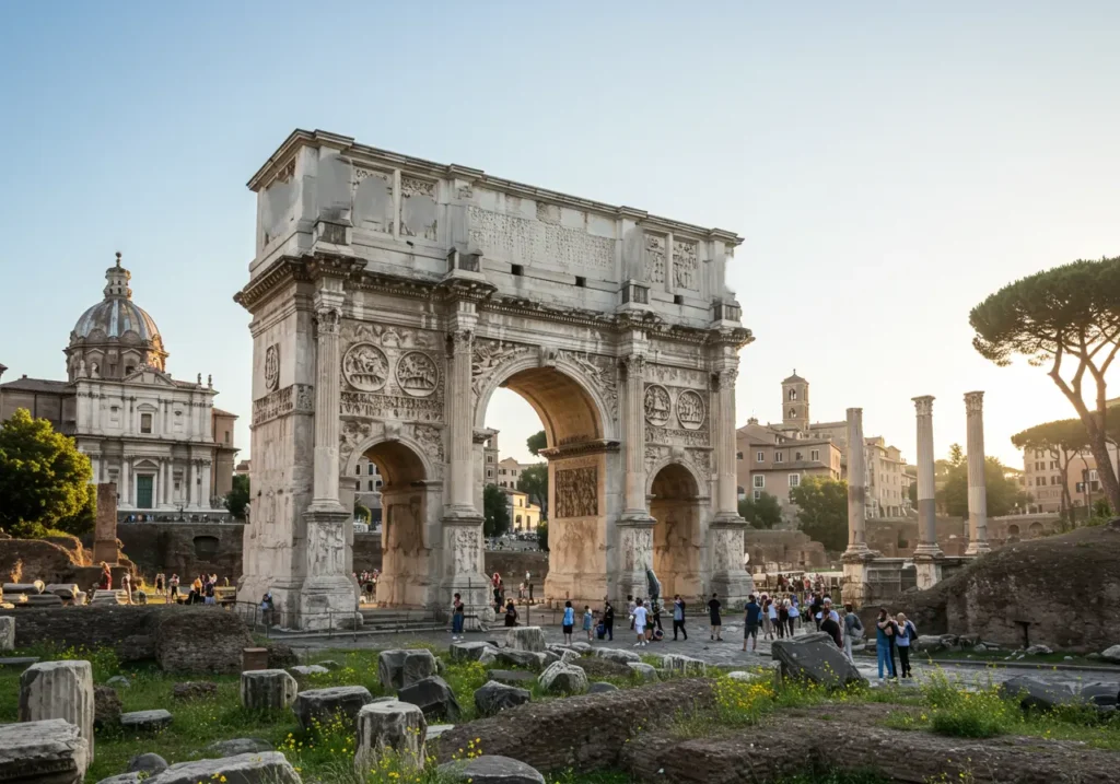 Arch of Septimius Severus framed by ancient ruins