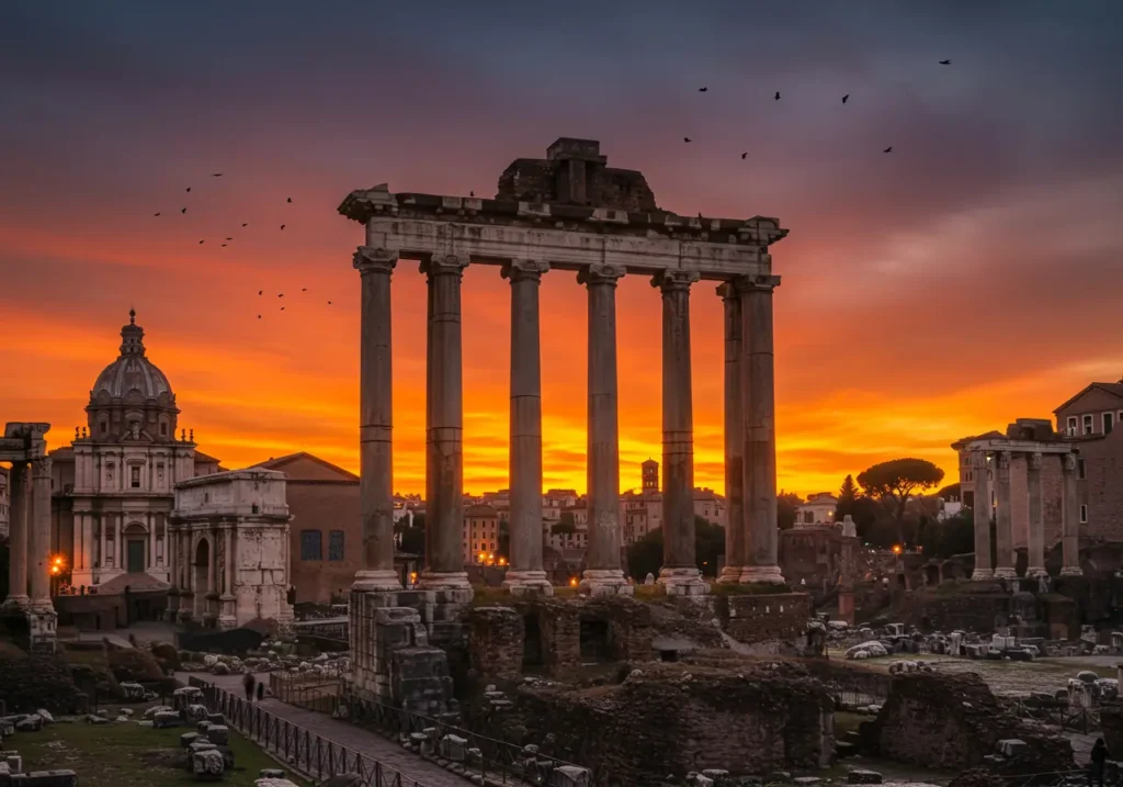 Temple of Saturn with iconic columns at sunset